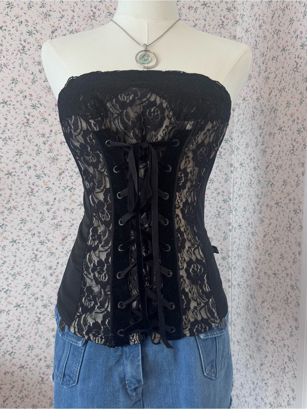 Y2K Tripp NYC Black Lace Strapless Corset Top